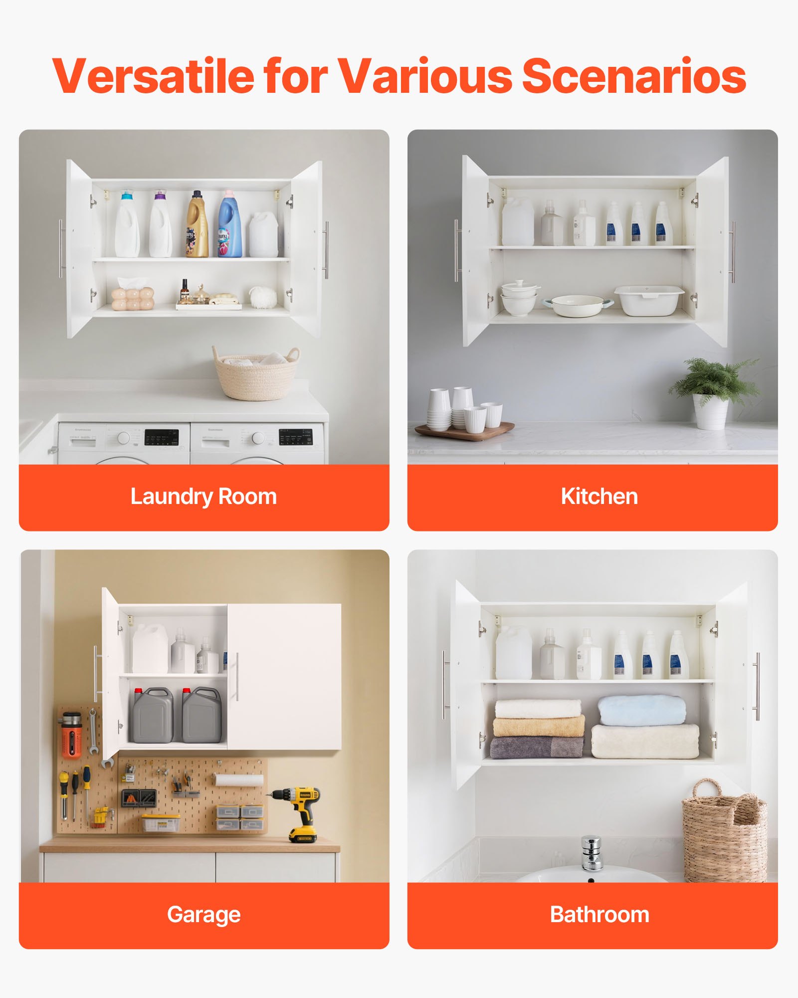 VEVOR Laundry Room Wall Cabinet, 2-Tier Wall Mounted Hanging Cabinet with Adjustable Shelf, 36 in Cupboard Storage with 2 Doors, for Kitchen, Bathroom, Laundry, 16 x 36 x 24 in (D x W x H), White