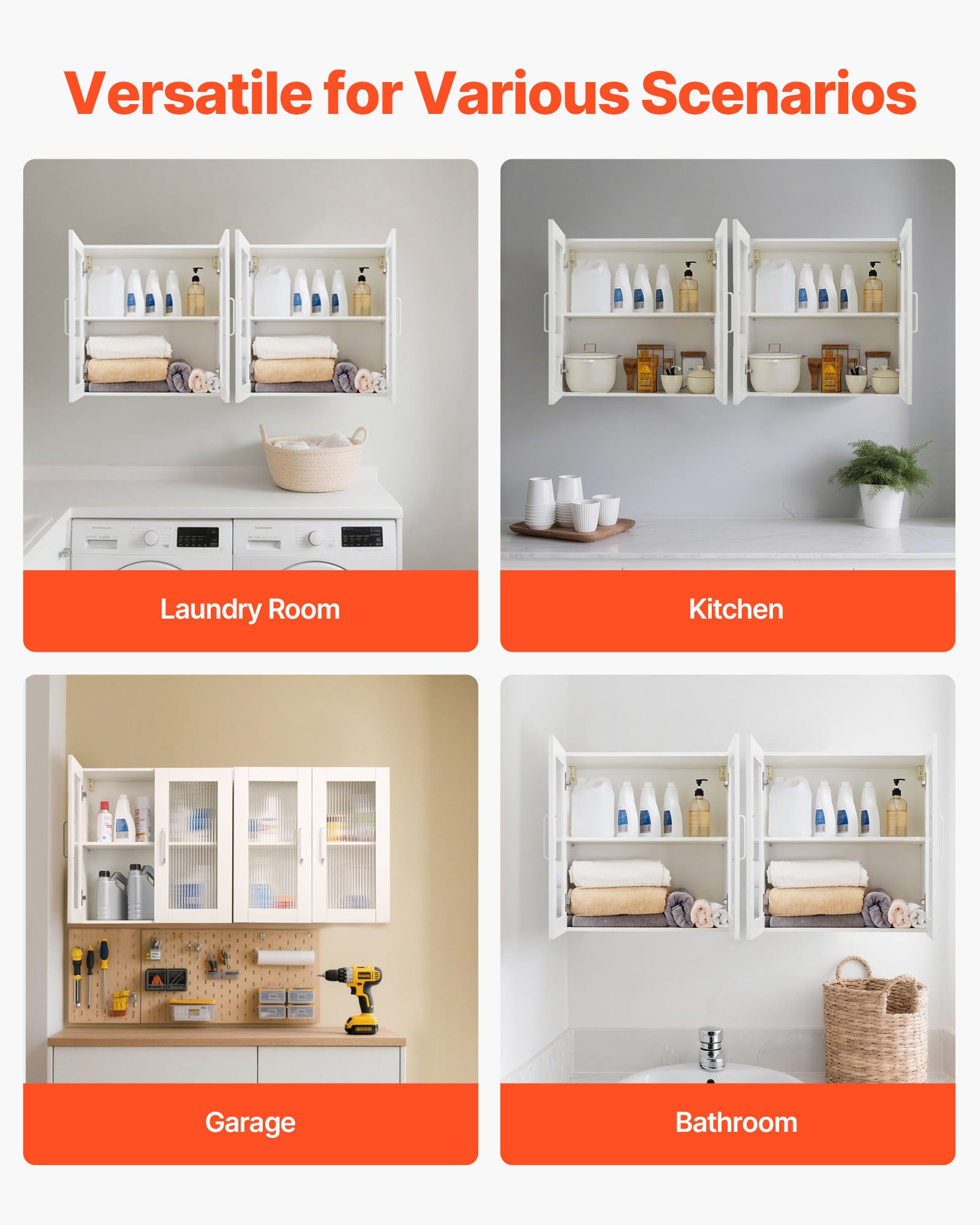 VEVOR Laundry Room Wall Cabinet, 2-Tier Wall Mounted Cabinet with Adjustable Shelf, Cupboard Storage with 4 Doors, for Kitchen, Bathroom, Laundry, Set of 2, Each 12 x 24 x 24 in (D x W x H), White