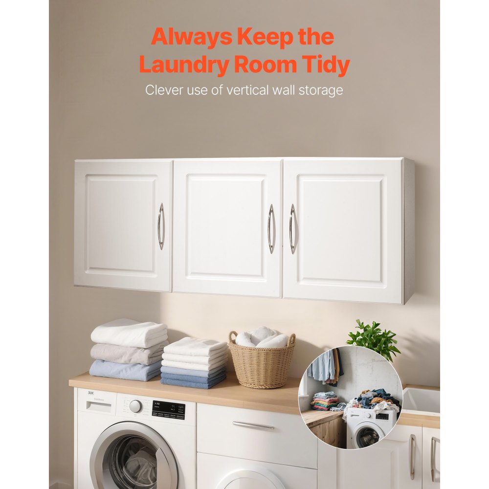 VEVOR Laundry Room Wall Cabinet, 2-Tier Wall Mounted Hanging Cabinet with Adjustable Shelf, Cupboard Storage with 3 Doors, for Kitchen, Bathroom, Laundry, 12.44 x 54 x 20.31 in (D x W x H), White