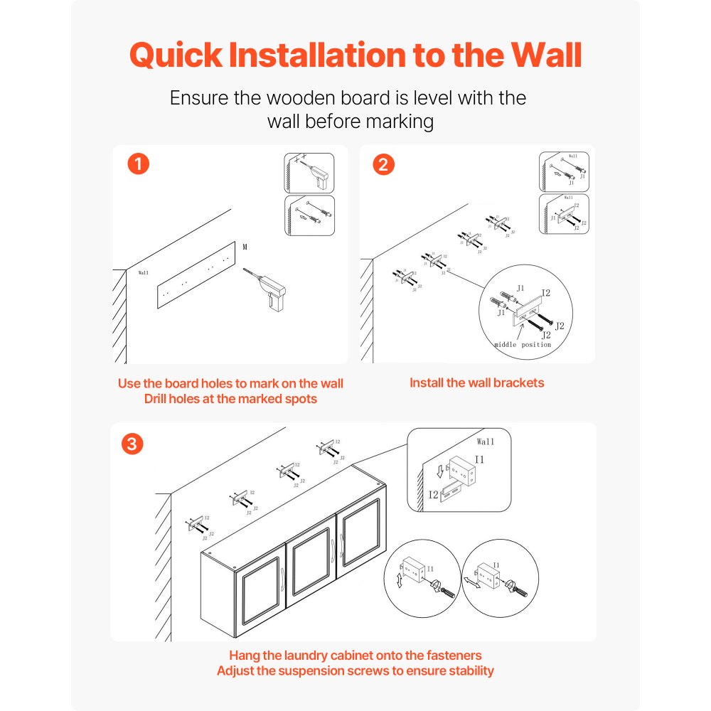 VEVOR Laundry Room Wall Cabinet, 2-Tier Wall Mounted Hanging Cabinet with Adjustable Shelf, Cupboard Storage with 3 Doors, for Kitchen, Bathroom, Laundry, 12.44 x 54 x 20.31 in (D x W x H), White