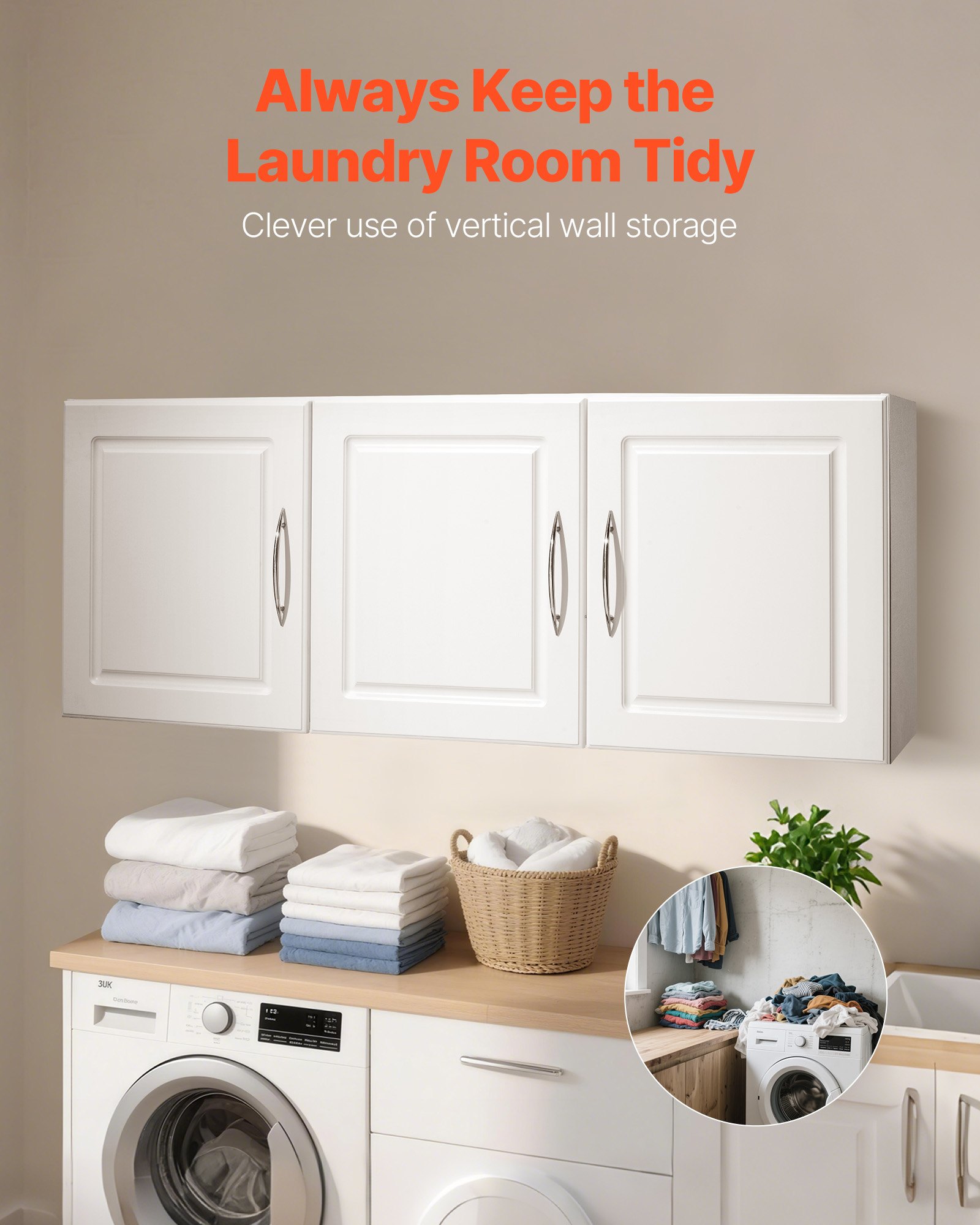 VEVOR Laundry Room Wall Cabinet, 2-Tier Wall Mounted Hanging Cabinet with Adjustable Shelf, Cupboard Storage with 3 Doors, for Kitchen, Bathroom, Laundry, 12.44 x 54 x 20.31 in (D x W x H), White