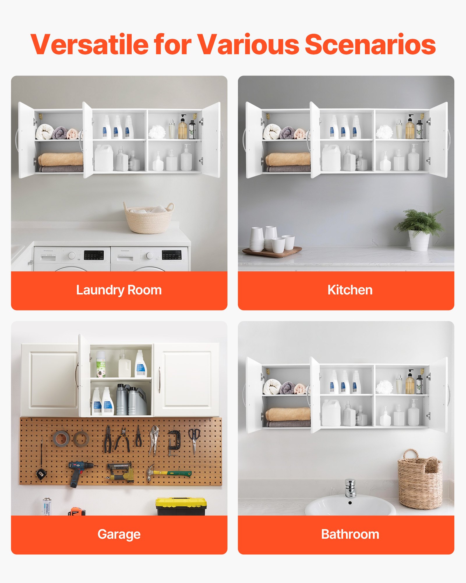 VEVOR Laundry Room Wall Cabinet, 2-Tier Wall Mounted Hanging Cabinet with Adjustable Shelf, Cupboard Storage with 3 Doors, for Kitchen, Bathroom, Laundry, 12.44 x 54 x 20.31 in (D x W x H), White