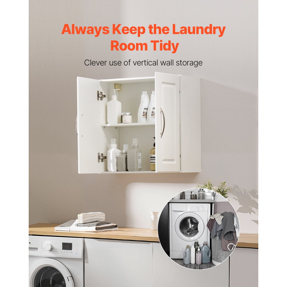 VEVOR Laundry Room Wall Cabinet, 2-Tier Wall Mounted Hanging Cabinet with 2 Doors, Cupboard Organizer with Adjustable Shelf, for Kitchen, Garage, Laundry, 11.8 x 23.6 x 23.6 in (D x W x H), White