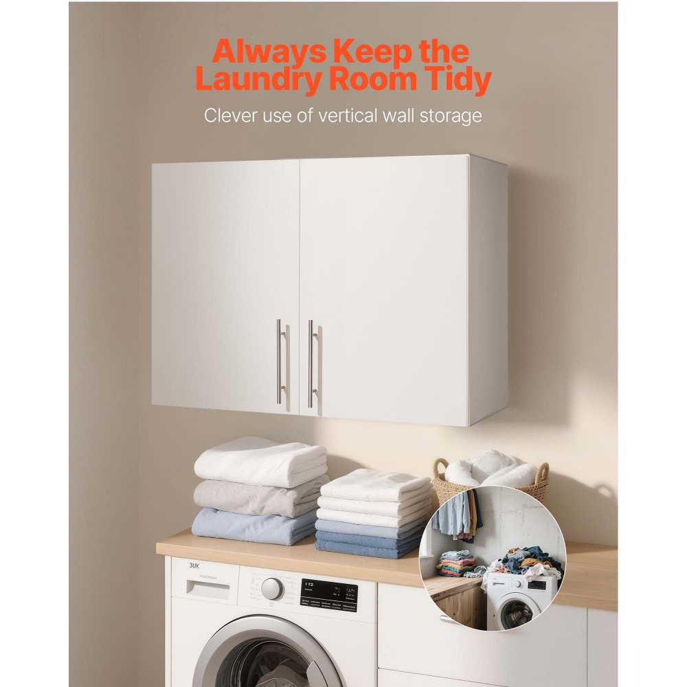 VEVOR Laundry Room Wall Cabinet, 2-Tier Wall Mounted Hanging Cabinet with 2 Doors, Cupboard Organizer with Adjustable Shelf, for Bathroom, Kitchen, Garage, Laundry, 16 x 32 x 24 in (D x W x H), White