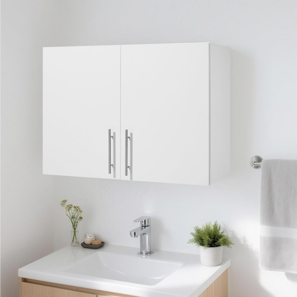 VEVOR Laundry Room Wall Cabinet, 2-Tier Wall Mounted Hanging Cabinet with 2 Doors, Cupboard Organizer with Adjustable Shelf, for Bathroom, Kitchen, Garage, Laundry, 16 x 32 x 24 in (D x W x H), White