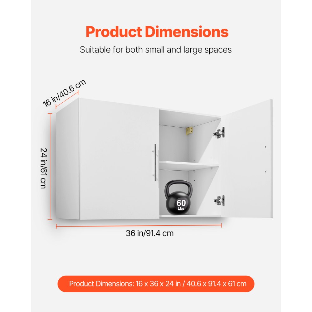 VEVOR Laundry Room Wall Cabinet, 2-Tier Wall Mounted Hanging Cabinet with 2 Doors, Cupboard Organizer with Adjustable Shelf, for Bathroom, Kitchen, Garage, Laundry, 16 x 36 x 24 in (D x W x H), White