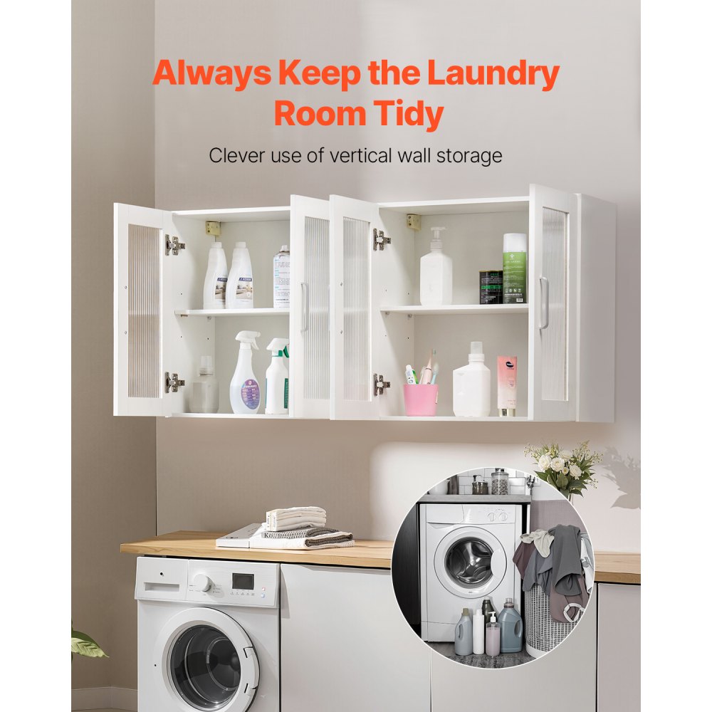 VEVOR Laundry Room Wall Cabinet, 2-Tier Wall Mounted Cabinet with 4 Doors, Cupboard Organizer with Adjustable Shelf, for Kitchen, Garage, Laundry, Set of 2, Each 12 x 24 x 24 in (D x W x H), White