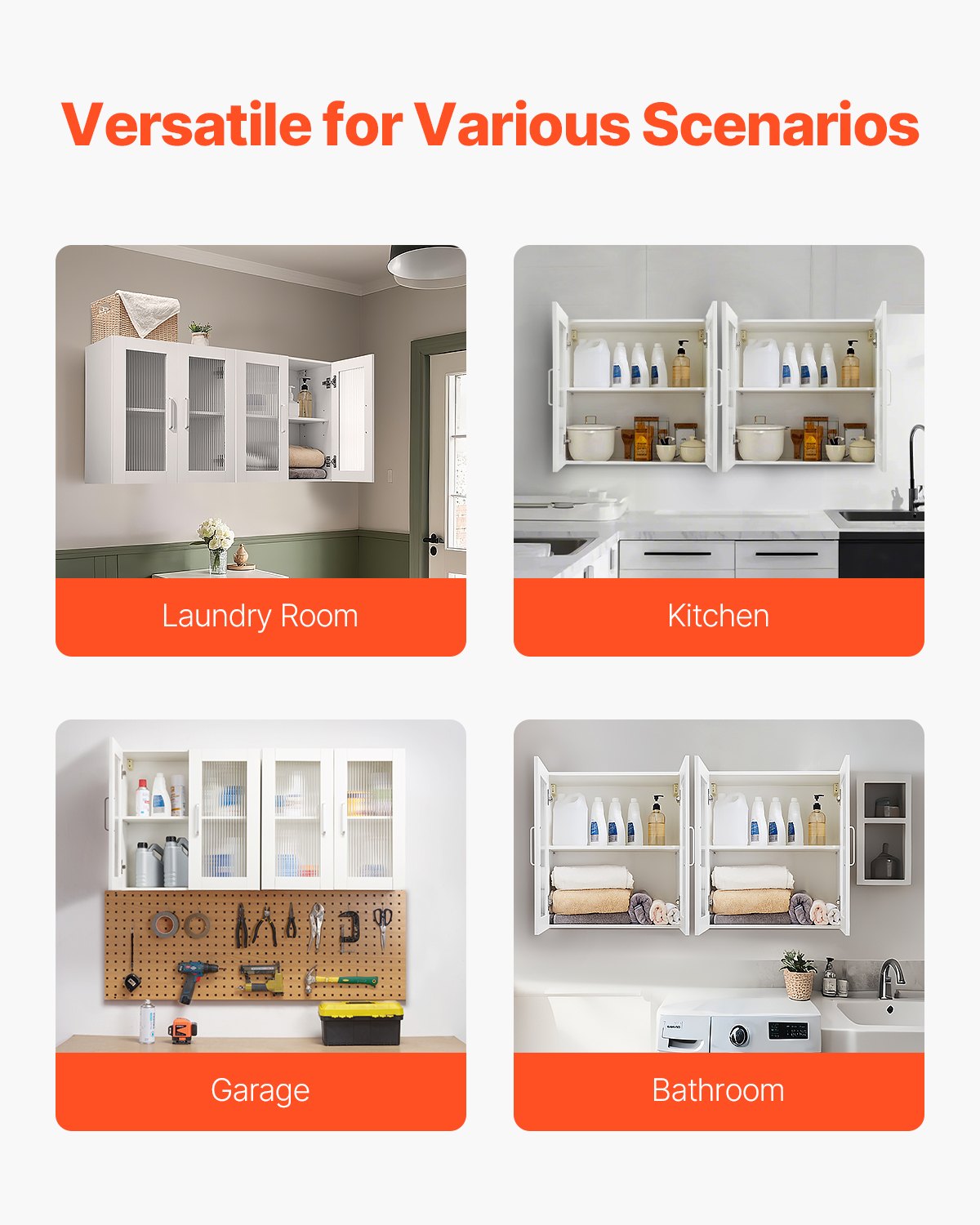 VEVOR Laundry Room Wall Cabinet, 2-Tier Wall Mounted Cabinet with 4 Doors, Cupboard Organizer with Adjustable Shelf, for Kitchen, Garage, Laundry, Set of 2, Each 12 x 24 x 24 in (D x W x H), White