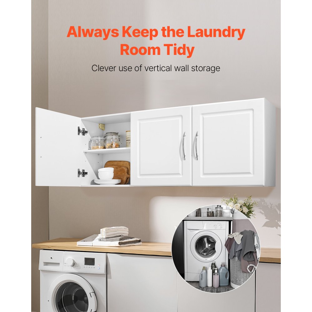 VEVOR Laundry Room Wall Cabinet, 2-Tier Wall Mounted Hanging Cabinet with 3 Doors, Cupboard Organizer with Adjustable Shelf, for Kitchen, Garage, Laundry, 12.44 x 54 x 20.31 in (D x W x H), White