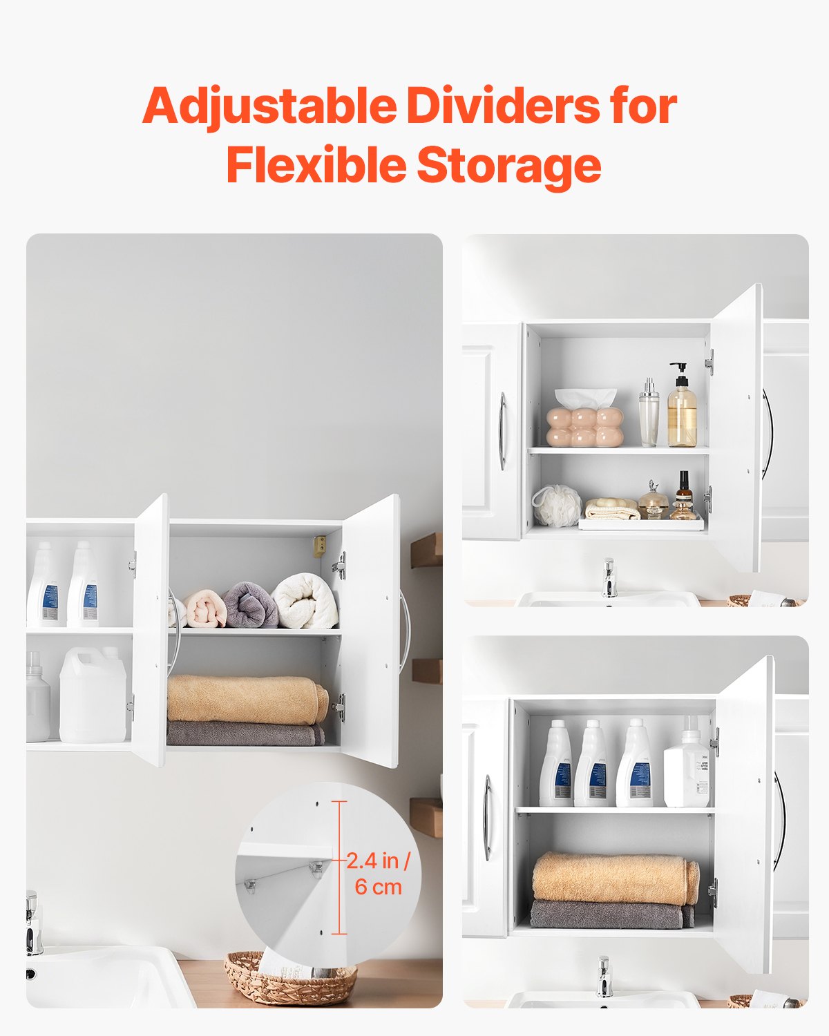 VEVOR Laundry Room Wall Cabinet, 2-Tier Wall Mounted Hanging Cabinet with 3 Doors, Cupboard Organizer with Adjustable Shelf, for Kitchen, Garage, Laundry, 12.44 x 54 x 20.31 in (D x W x H), White