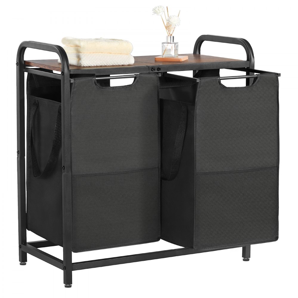 VEVOR 2 Section Laundry Sorter, Large Laundry Hamper with Metal Frame and Wooden Tabletop, Freestanding Storage Organizer Baskets with Pull-Out 600D Oxford Cloth Bags for Dirty Clothes, Bathroom