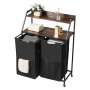 VEVOR 2 Tiers Laundry Sorter, Tall Laundry Hamper with Metal Frame and Wooden Tabletop, 2 Section Rolling Basket Organizer Storage with Ladder Shelves and 600D Oxford Cloth Bags for Dirty Clothes