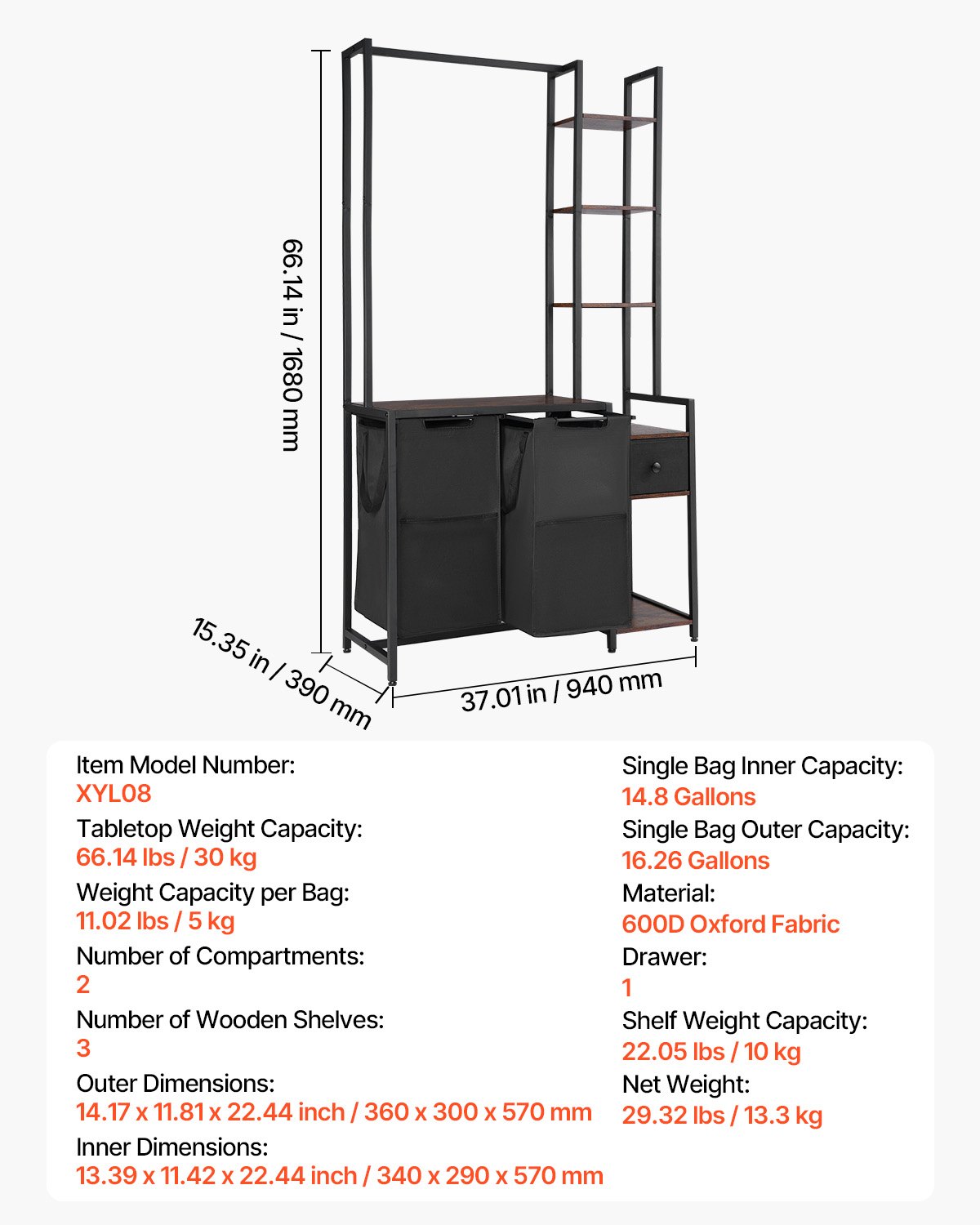 VEVOR 3 Tiers Laundry Sorter with Rack, Tall Laundry Hamper with Shelves and Drawers, 2 Section Freestanding Hanging Rack Storage with 600D Oxford Cloth Bags and Ladder Shelves for Dirty Clothes