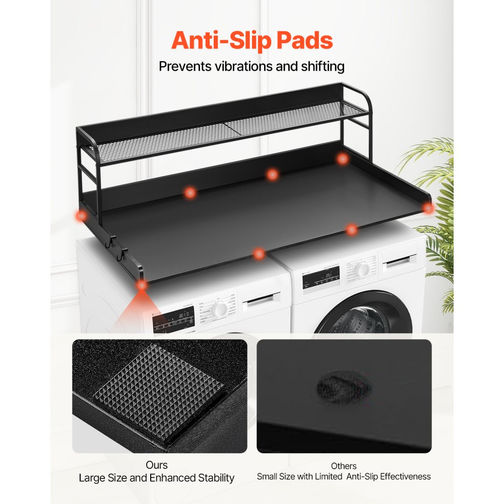 VEVOR Washer Dryer Countertop with 2-Tier Shelf, 54" x 27" Wooden Washer and Dryer Countertop with Anti-Slip Pads, Water-Resistant Laundry Topper Cover for Laundry Room Organization and Storage, Black