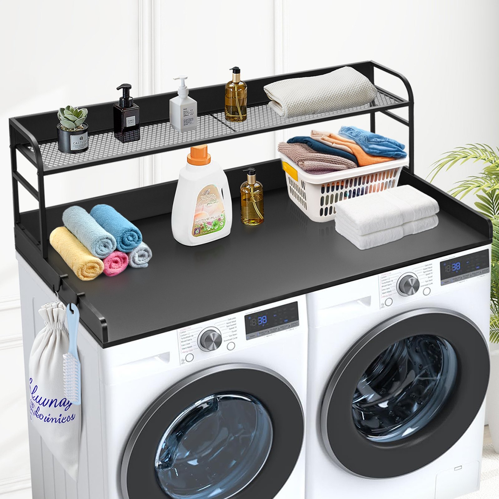 VEVOR Washer Dryer Countertop with 2-Tier Shelf, 54" x 27" Wooden Washer and Dryer Countertop with Anti-Slip Pads, Water-Resistant Laundry Topper Cover for Laundry Room Organization and Storage, Black