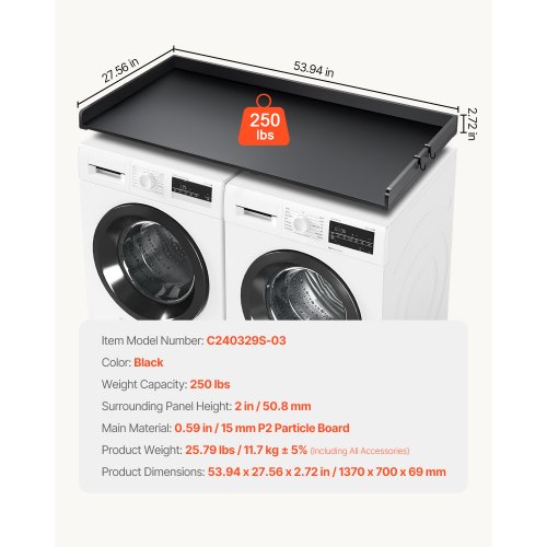 Wasmachine- en drogerblad met 3 verbindingsplaten, 1370x700x69 mm Wasmachine- en drogerblad met 3 verbindingsplaten, 1370x700x69 mm