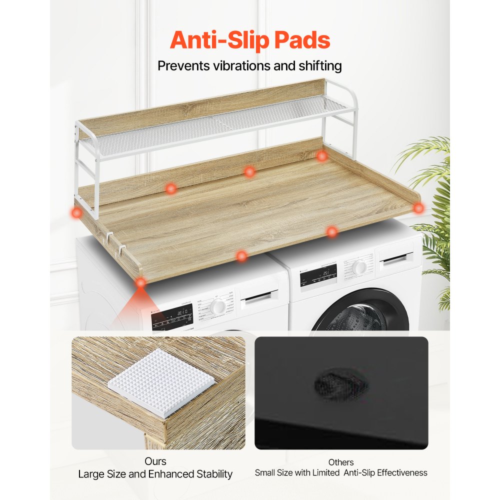 VEVOR Washer Dryer Countertop with 2-Tier Shelf, 54" x 27" Wooden Washer and Dryer Countertop with Anti-Slip Pads, Water-Resistant Laundry Topper Cover for Laundry Room Organization and Storage, Oak