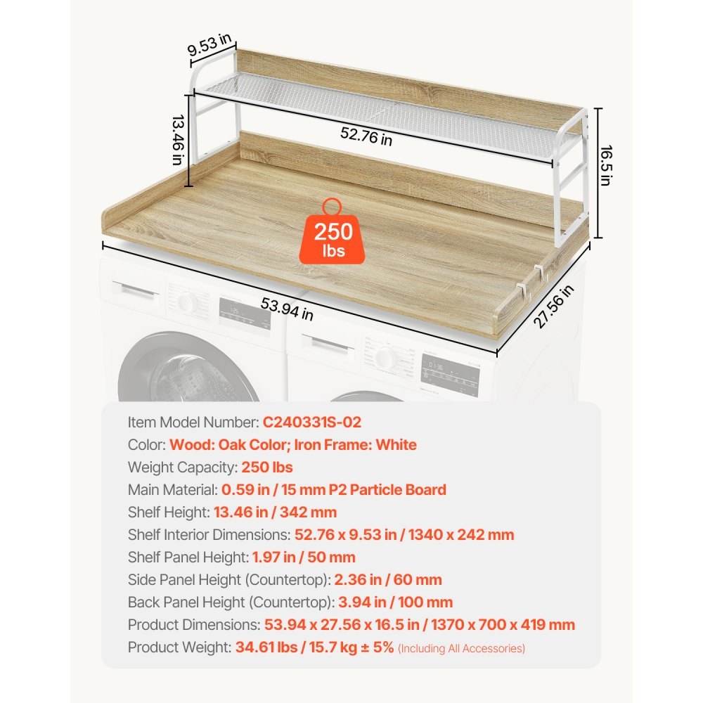 VEVOR Washer Dryer Countertop with 2-Tier Shelf, 54" x 27" Wooden Washer and Dryer Countertop with Anti-Slip Pads, Water-Resistant Laundry Topper Cover for Laundry Room Organization and Storage, Oak