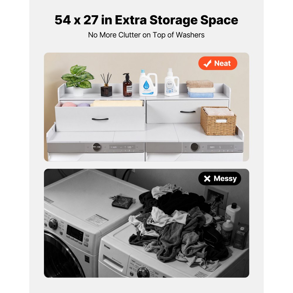 VEVOR Werkblad voor wasmachine en droger (137 x 69,9 cm) met plank, 2 lades en haken, voor linnenkast, voorraadkast, aanrecht, draagvermogen 113 kg, wit, met opbergruimte voor wasmiddel
