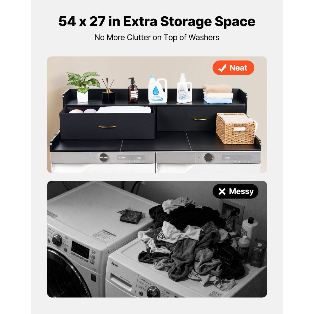 VEVOR Werkblad voor wasmachine en droger (137 x 69,9 cm) met plank, 2 lades en haken, voor linnenkast, voorraadkast, aanrecht, draagvermogen 113 kg, zwart, met opbergruimte voor wasmiddel