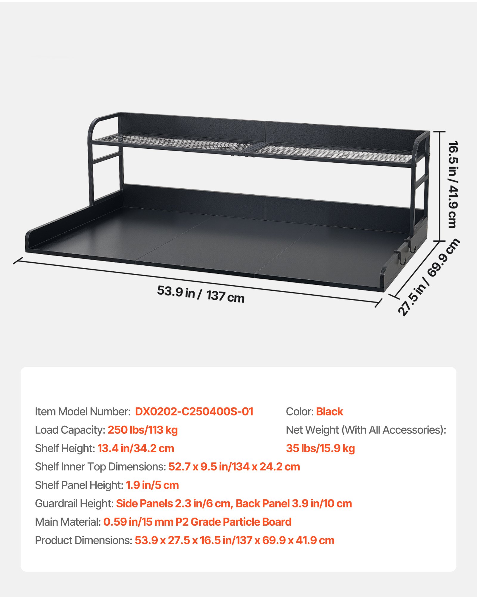 VEVOR Washer Dryer Countertop with Shelf, 137 x 69.9 cm Wooden Washer and Dryer Topper with Edge and 2 Hooks, Laundry Machine Topper for Laundry Closet Pantry Counter Organization and Storage, Black