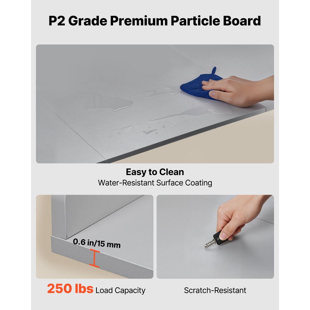 VEVOR Werkblad voor wasmachine en droger (137 x 69,9 cm) met opstaande rand en haken, voor organisatie en opbergruimte in linnenkast, voorraadkast of keukenblad, draagvermogen tot 113 kg, grijs