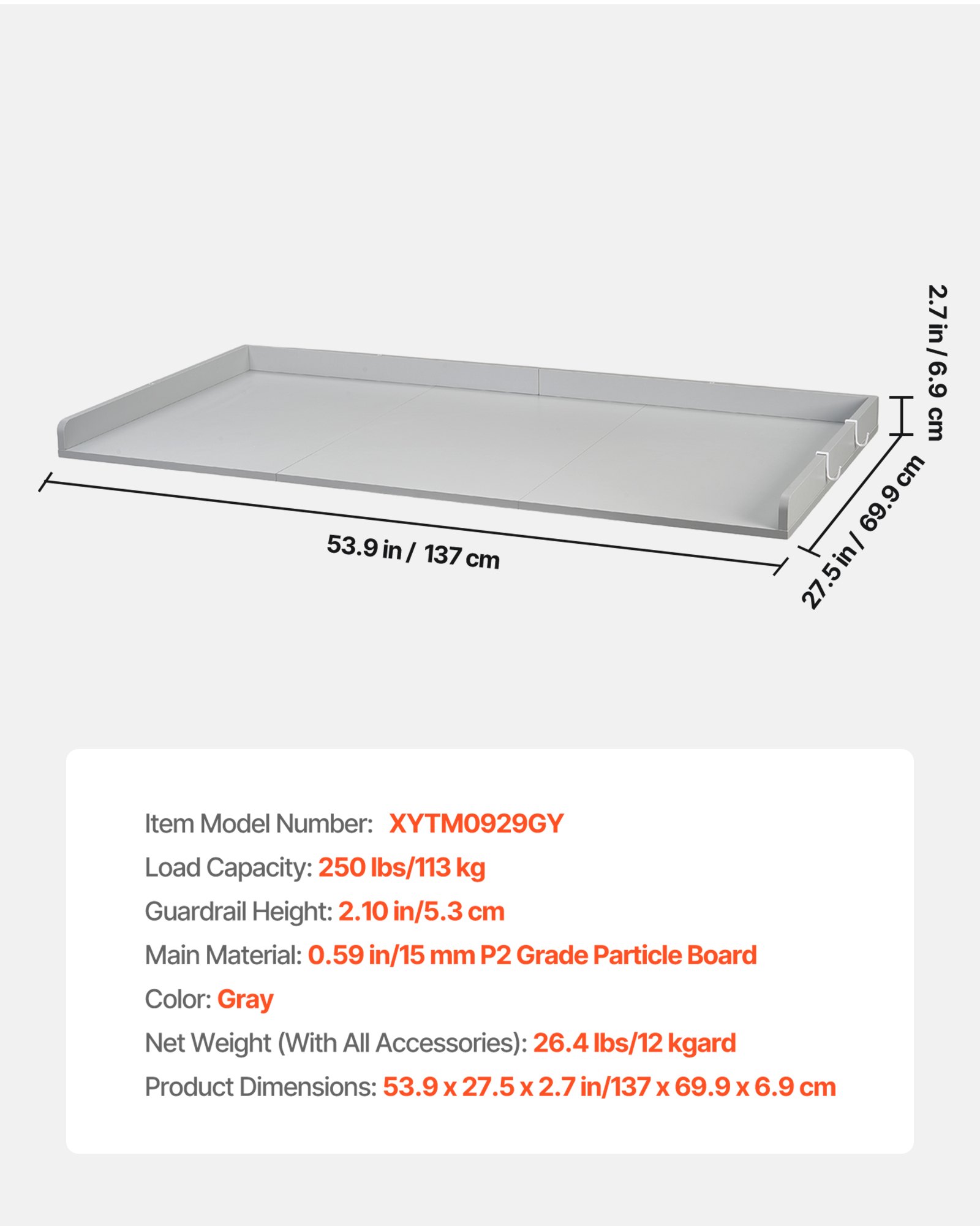 VEVOR Werkblad voor wasmachine en droger (137 x 69,9 cm) met opstaande rand en haken, voor organisatie en opbergruimte in linnenkast, voorraadkast of keukenblad, draagvermogen tot 113 kg, grijs