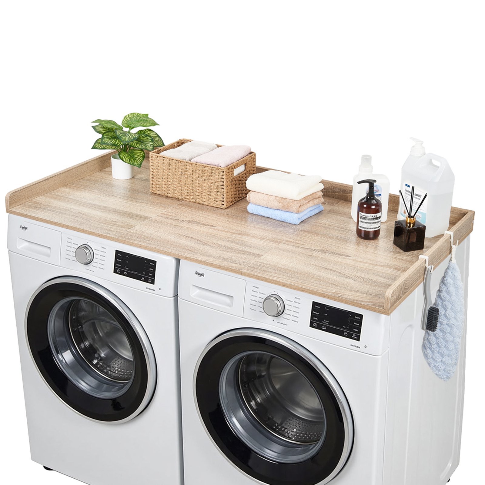 VEVOR Werkblad voor wasmachine en droger (137 x 69,9 cm) met opstaande rand en haken, voor organisatie en opbergruimte in linnenkast, voorraadkast of keukenblad, draagvermogen 113 kg, eikenlook