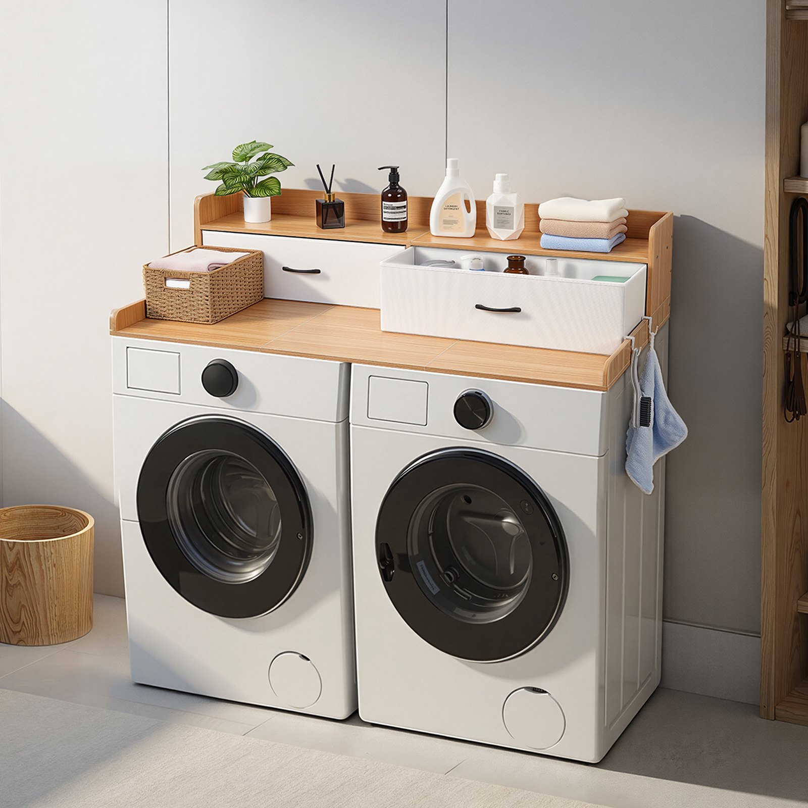 VEVOR Werkblad voor wasmachine en droger (137 x 69,9 cm) met plank, 2 lades en haken, geschikt voor linnenkast, voorraadkast, keukenblad, draagvermogen 113 kg, natuurlijke houttint