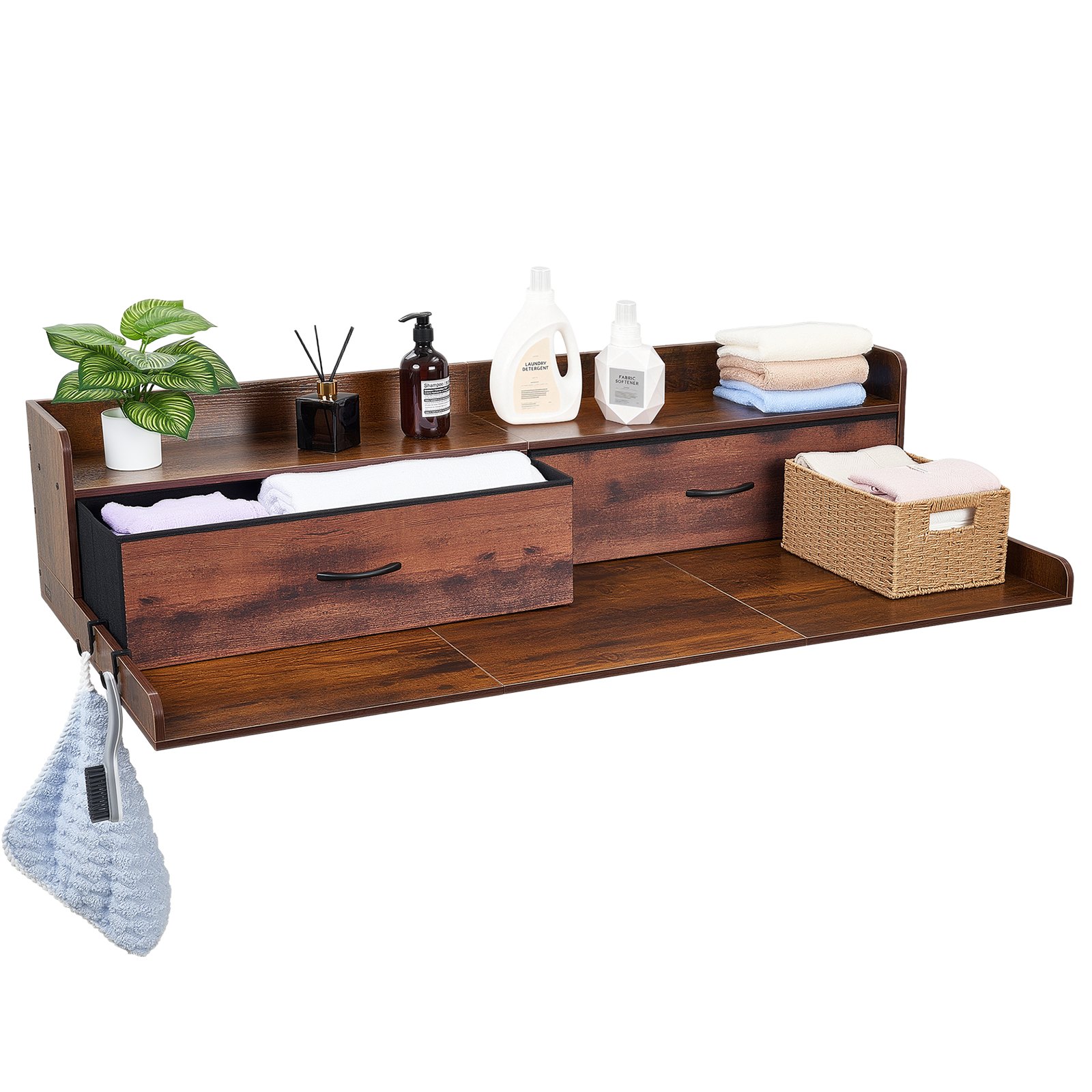 VEVOR Werkblad voor wasmachine en droger (137 x 69,9 cm) met plank, 2 lades en haken, voor linnenkast, voorraadkast, aanrecht, draagvermogen 113 kg, bruin, met opbergruimte voor wasmiddel