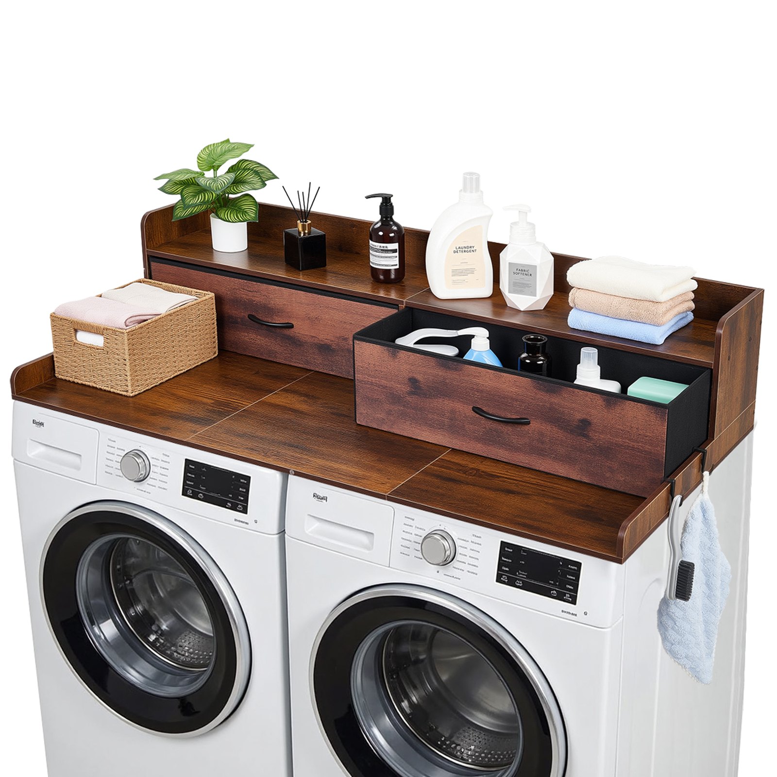 VEVOR Werkblad voor wasmachine en droger (137 x 69,9 cm) met plank, 2 lades en haken, voor linnenkast, voorraadkast, aanrecht, draagvermogen 113 kg, bruin, met opbergruimte voor wasmiddel