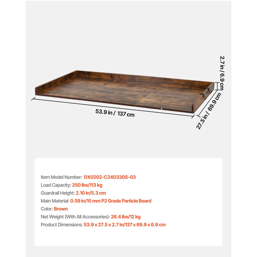 VEVOR Werkblad voor wasmachine en droger (137 x 69,9 cm) met opstaande rand en haken, voor organisatie en opbergruimte in linnenkast, voorraadkast of keukenblad, draagvermogen 113 kg, bruin