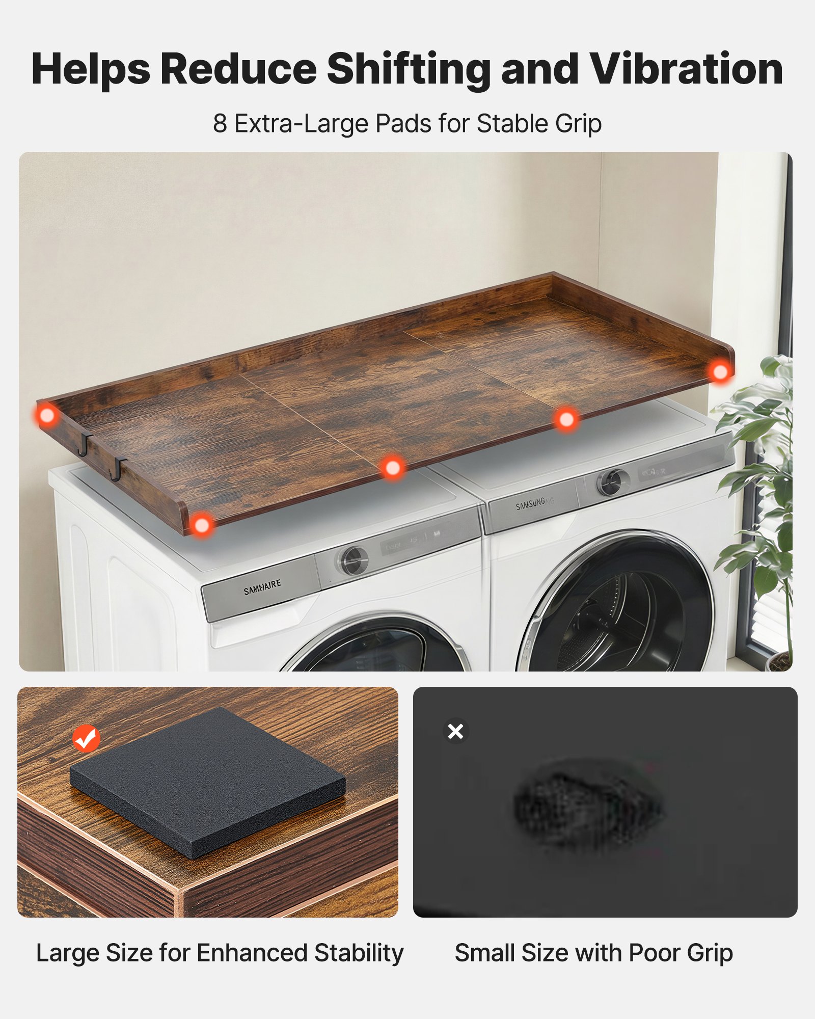 VEVOR Werkblad voor wasmachine en droger (137 x 69,9 cm) met opstaande rand en haken, voor organisatie en opbergruimte in linnenkast, voorraadkast of keukenblad, draagvermogen 113 kg, bruin