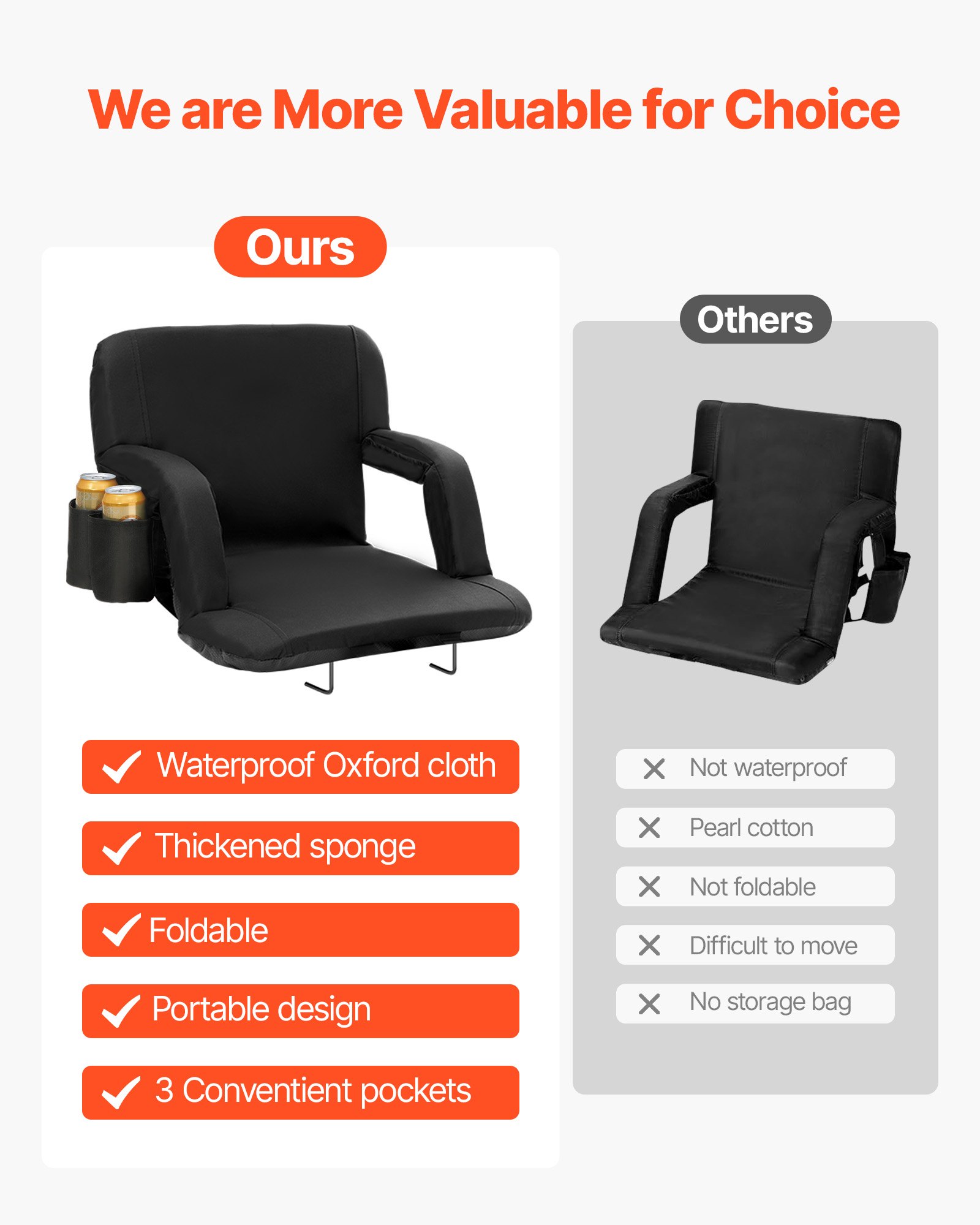 VEVOR Stadium Seat with Back Support, Wide Bleacher Seat Backs, Folding Padded Cushion Stadium Chair, Portable Reclining Chairs with Hook Pocket Cupholder, Ideal for Sport Event Beach Concert (2 Set)