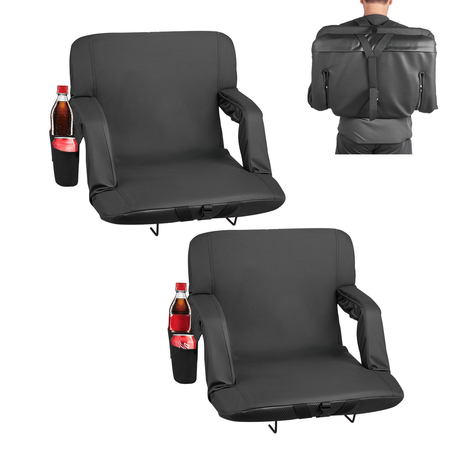 VEVOR 2 x Stadionzitkussen met 6 verstelbare hoeken, Gevoerde stadionstoel met armleuningen, rugleuning en bekerhouder, Tribunestoel voor picknicks, strandsporten, gamen, opvouwbaar, zwart