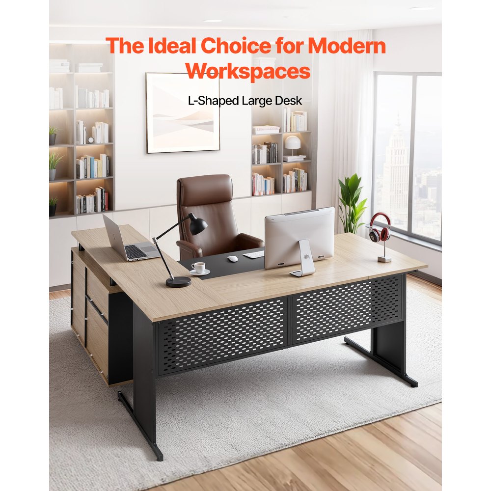 VEVOR L-vormig directiebureau, modern bureau met lades en opbergkast, omkeerbaar bureau van ijzer en hout, draagvermogen 158,7 kg, computerbureau voor werk, studie en schrijven