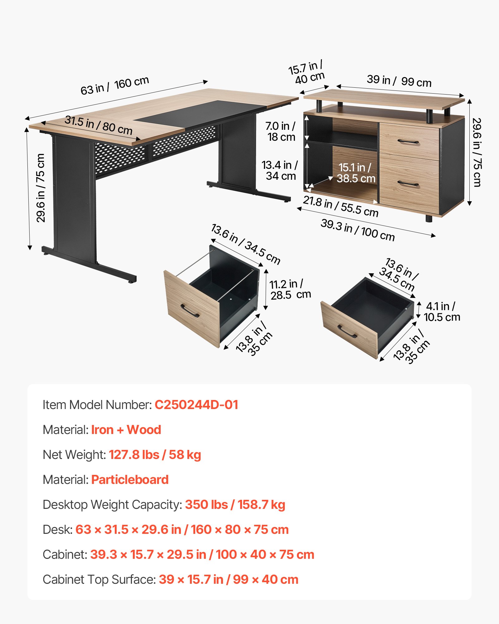 VEVOR L-vormig directiebureau, modern bureau met lades en opbergkast, omkeerbaar bureau van ijzer en hout, draagvermogen 158,7 kg, computerbureau voor werk, studie en schrijven