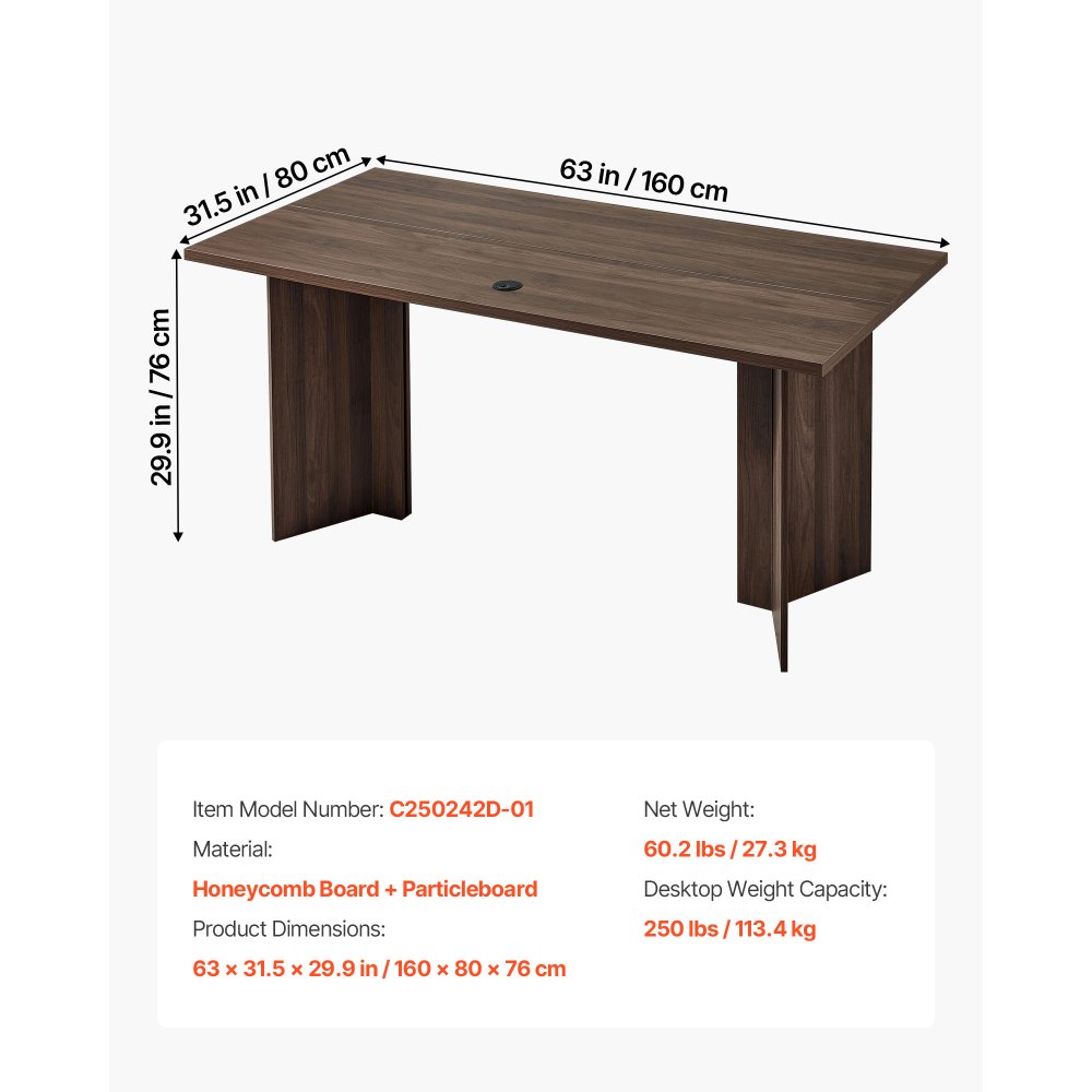 VEVOR directiebureau (160 cm lang), modern bureau met kabeldoorvoeropening, honingraat- en spaanplaatconstructie, draagvermogen van 113,4 kg, computerbureau voor werk, studie en schrijven, bruin en zwart