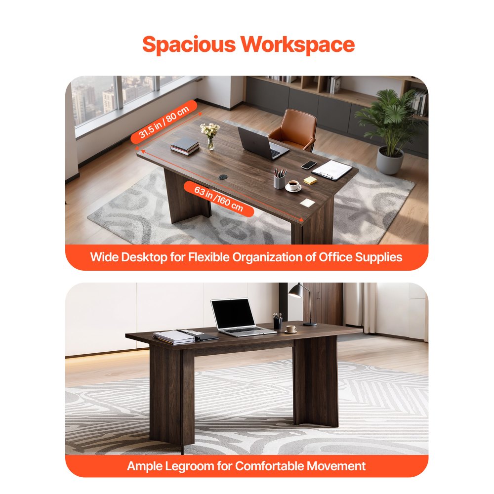 VEVOR directiebureau (160 cm lang), modern bureau met kabeldoorvoeropening, honingraat- en spaanplaatconstructie, draagvermogen van 113,4 kg, computerbureau voor werk, studie en schrijven, bruin en zwart