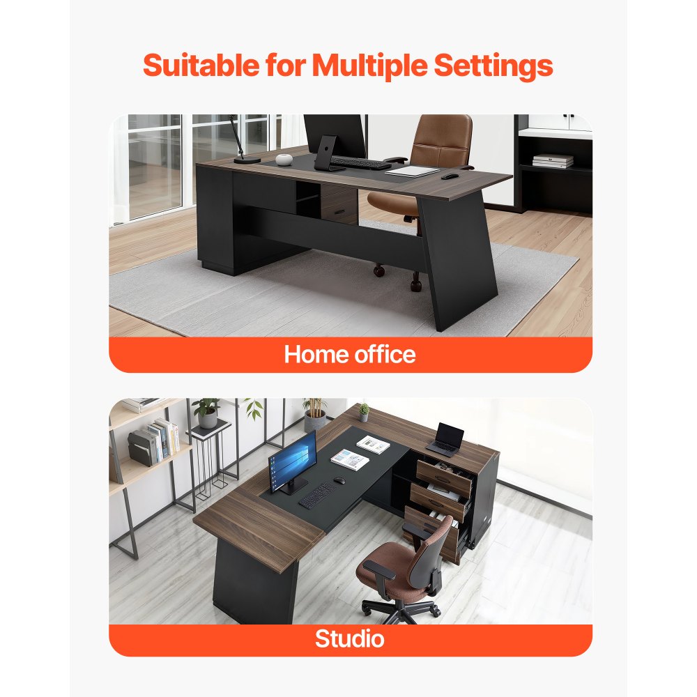 VEVOR L-vormig directiebureau, modern kantoorbureau met lades en opbergkast, stevig houten bureau, draagvermogen 158,7 kg, computerbureau voor werk, studie en schrijven, bruin+zwart