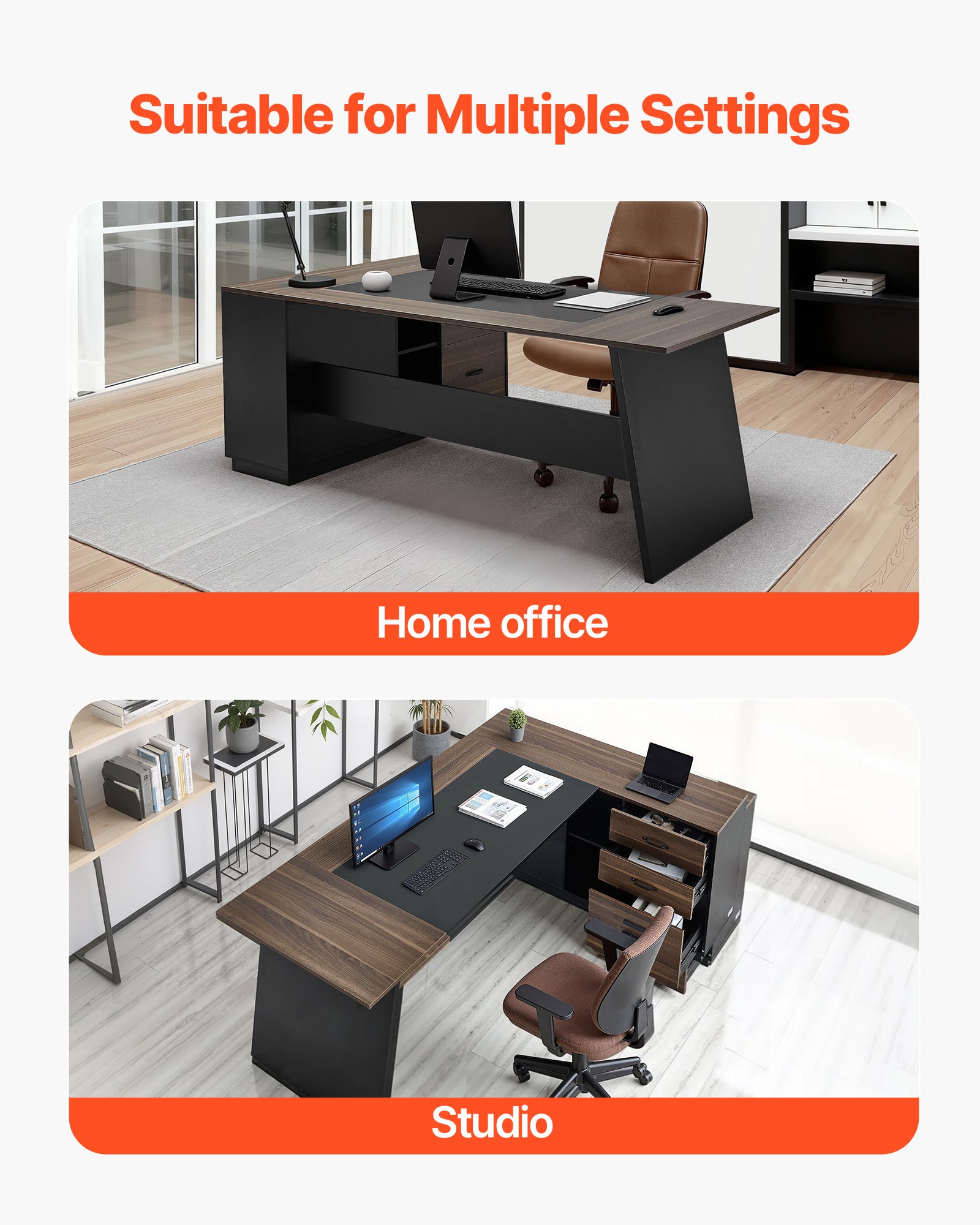 VEVOR L-vormig directiebureau, modern kantoorbureau met lades en opbergkast, stevig houten bureau, draagvermogen 158,7 kg, computerbureau voor werk, studie en schrijven, bruin+zwart