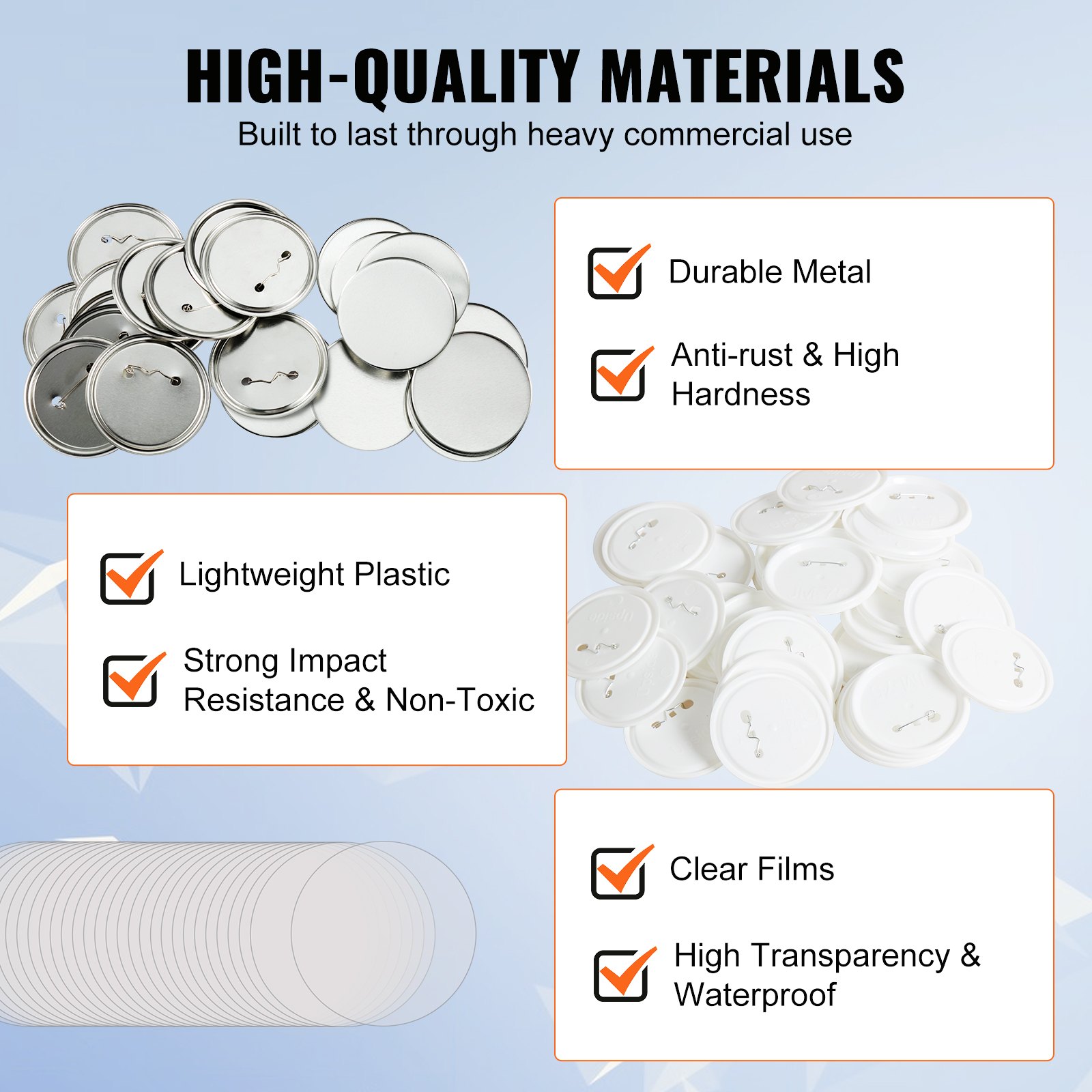 VEVOR 200 Sets 3 inch 75mm Pin Back Button Parts, DIY Round Button Badge Parts, Set Includes Metal Top, Plastic/Metal Button, Clear Film, and Blank Paper For Gifts Presents, Machine NOT Included