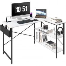 VEVOR hoekbureau L-vormig bureau wit 1200 x 890 x 760 mm L-vormige tafel, L-vormig bureau, ruimtebesparend met dubbele planken en haken, ideaal voor studie, thuis, kantoor enz.