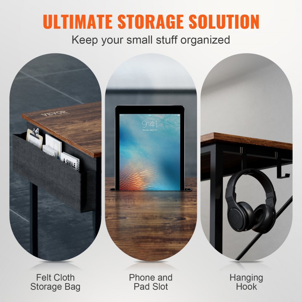 VEVOR Hoekbureau L-vormig bureau bruin 1200 x 890 x 760 mm L-vormige tafel, L-vormig bureau, ruimtebesparend met dubbele planken en haken, ideaal voor studie, thuis, kantoor enz.