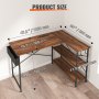 VEVOR Hoekbureau L-vormig bureau bruin 1200 x 890 x 760 mm L-vormige tafel, L-vormig bureau, ruimtebesparend met dubbele planken en haken, ideaal voor studie, thuis, kantoor enz.