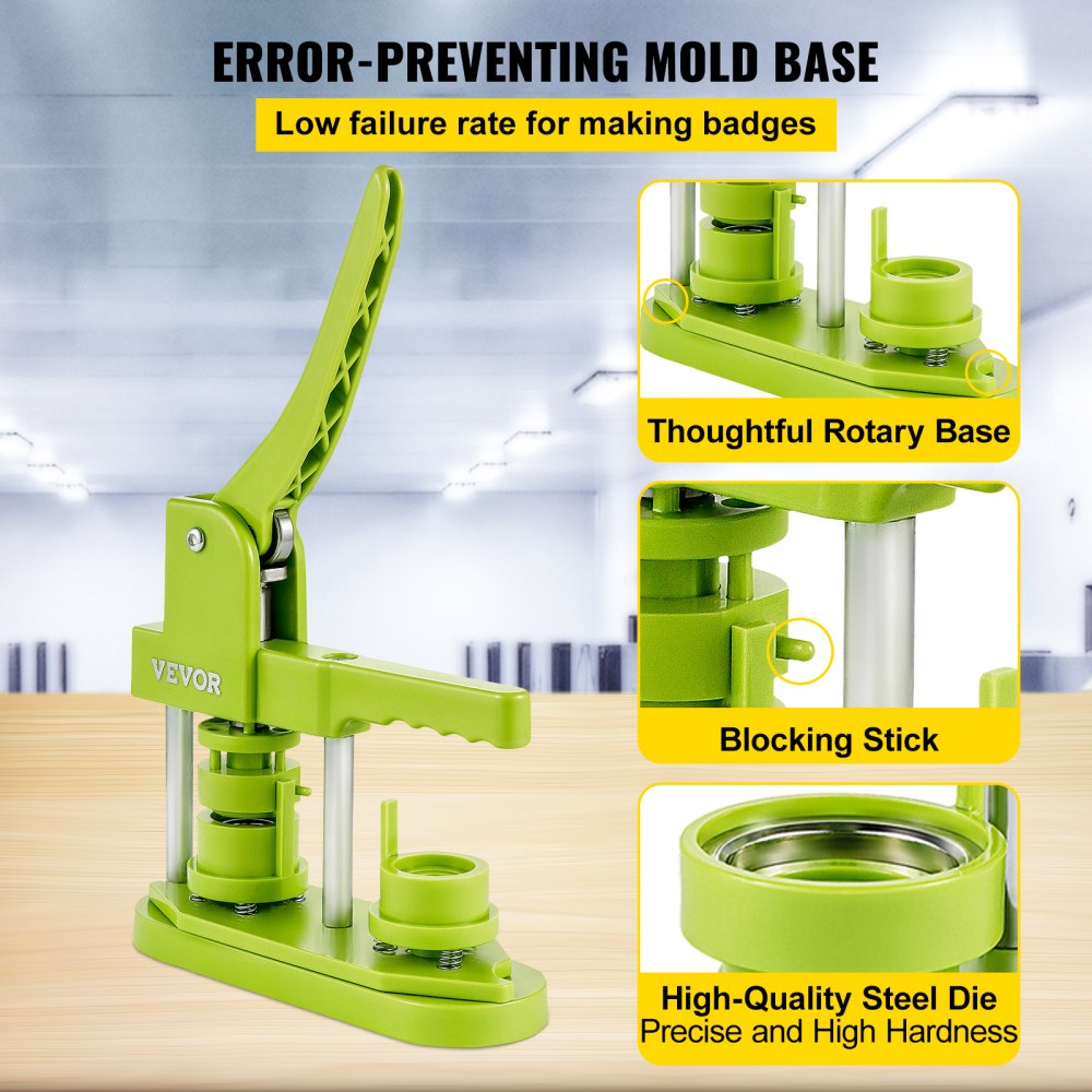 VEVOR Badge Button Press, 1 Inch (25 mm) Button Press Machine, Green Button Badge Maker Machine with 1 Circle Cutter and 1000 Sets of Components (Metal Fronts, Clear Plastic Mylar, Plastic Backs)