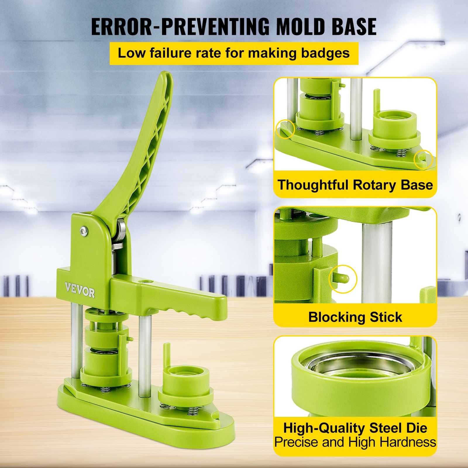 VEVOR Badge Button Press, 1 Inch (25 mm) Button Press Machine, Green Button Badge Maker Machine with 1 Circle Cutter and 1000 Sets of Components (Metal Fronts, Clear Plastic Mylar, Plastic Backs)