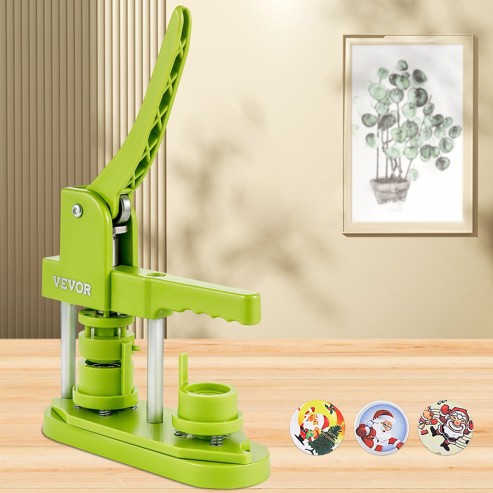 VEVOR Badge Button Press, 1 Inch (25 mm) Button Press Machine, Green Button Badge Maker Machine with 1 Circle Cutter and 1000 Sets of Components (Metal Fronts, Clear Plastic Mylar, Plastic Backs)