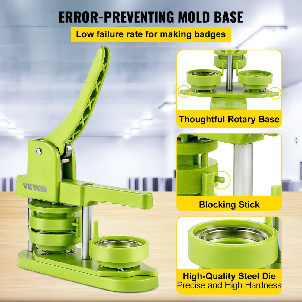 VEVOR Badge Button Press, 2-1/4 inch (58 mm) Button Press Machine, Green Button Badge Maker Machine with 1 Circle Cutter and 1000 Sets of Components (Metal Fronts, Clear Plastic Mylar, Plastic Backs)