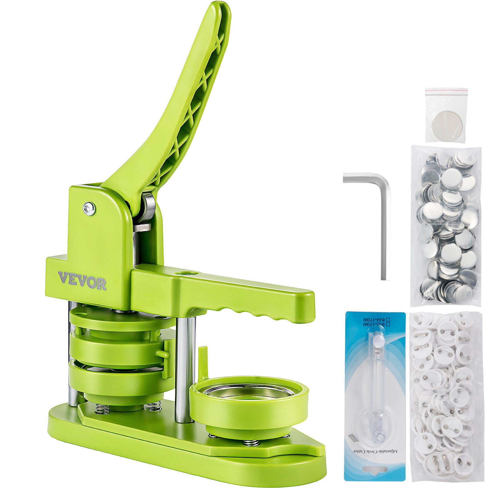 VEVOR Badge Button Press, 2-1/4 inch (58 mm) Button Press Machine, Green Button Badge Maker Machine with 1 Circle Cutter and 1000 Sets of Components (Metal Fronts, Clear Plastic Mylar, Plastic Backs)